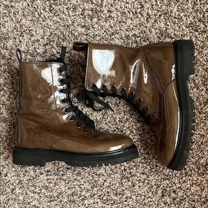 Thursday Glossy Patent Leather Brown Lace-Up Boots